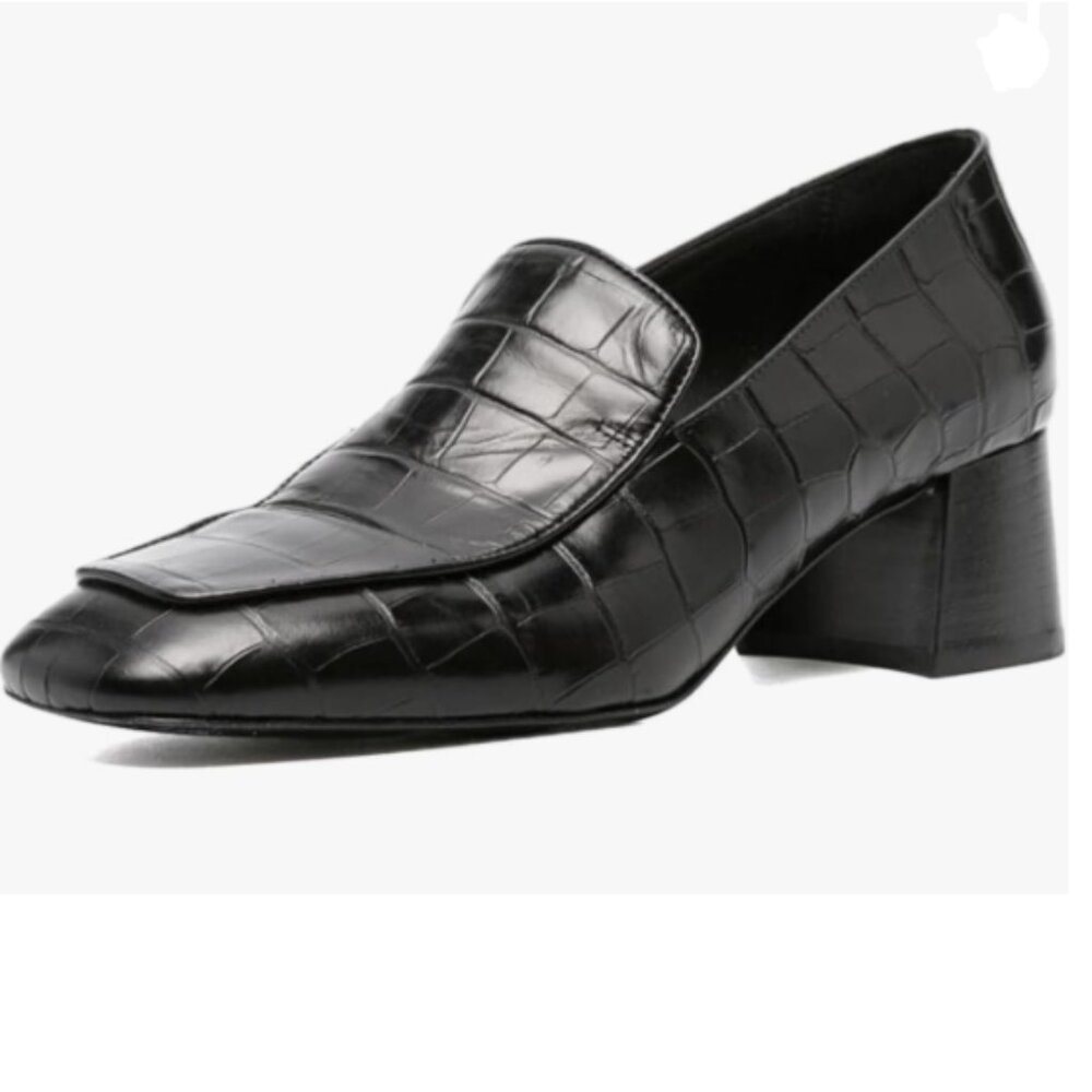 Pazzion Black Retro Crocodile Chunky Heel Loafers Square Toe Slip On Daily Pump